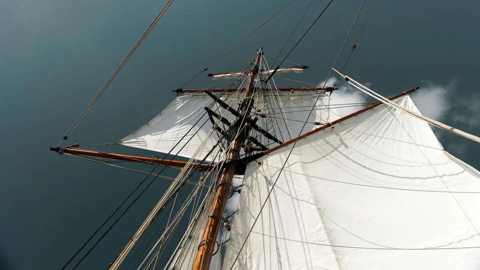 Looking up a mast at the sails and standing rigging
